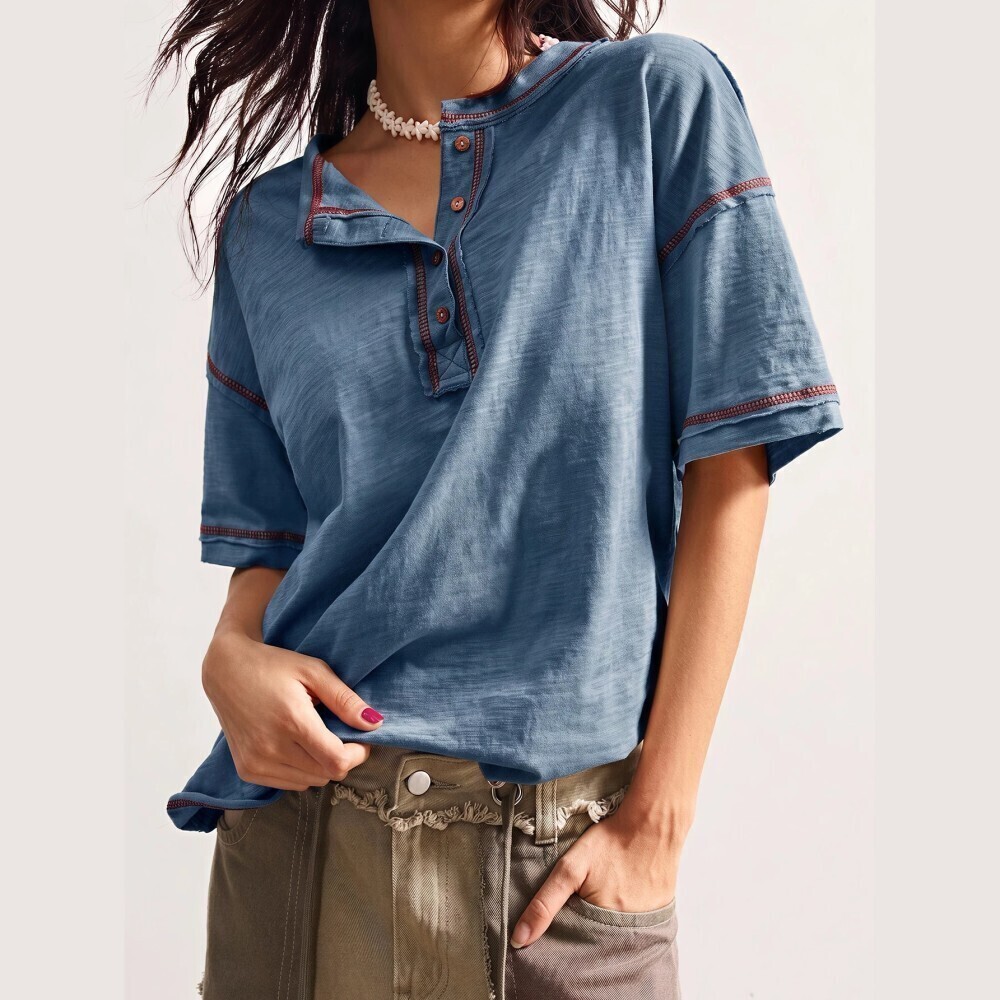 Slate Blue Contrast Stitch Henley Short Sleeve Oversized Top